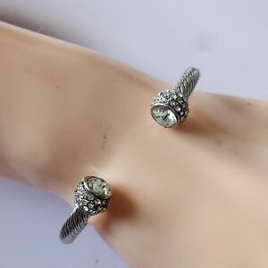 Rhinestone Cap Bracelet Silver Tone Twist Cuff Clear Encrusted